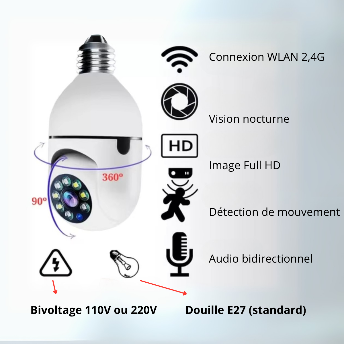 Caméra de surveillance Wi-Fi E27 à vision 360° PTZ